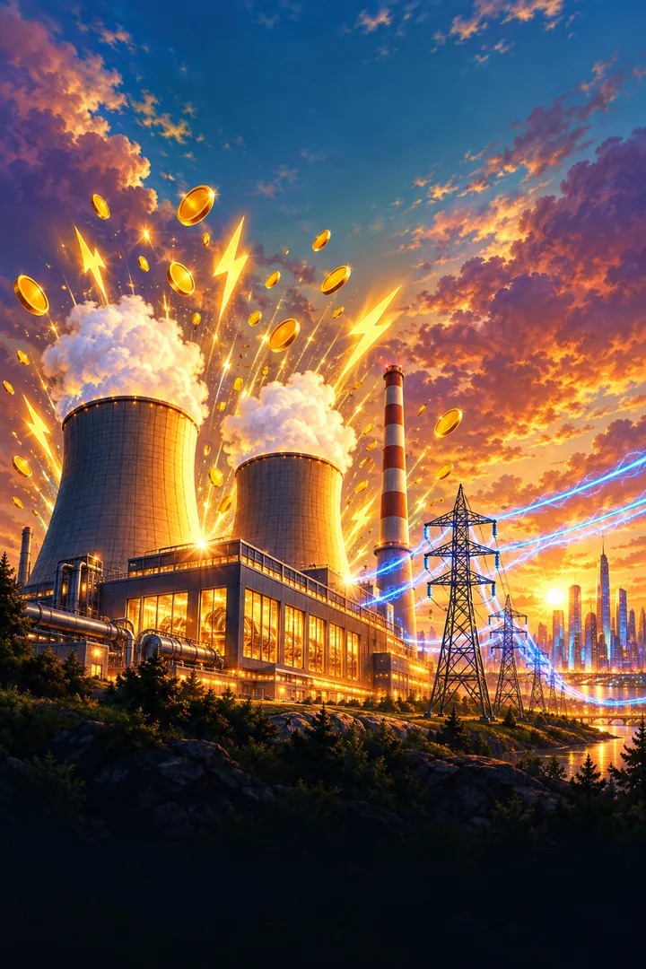 Power Plant Architect Key Art showing cooling towers at golden hour with electric arcs and city skyline