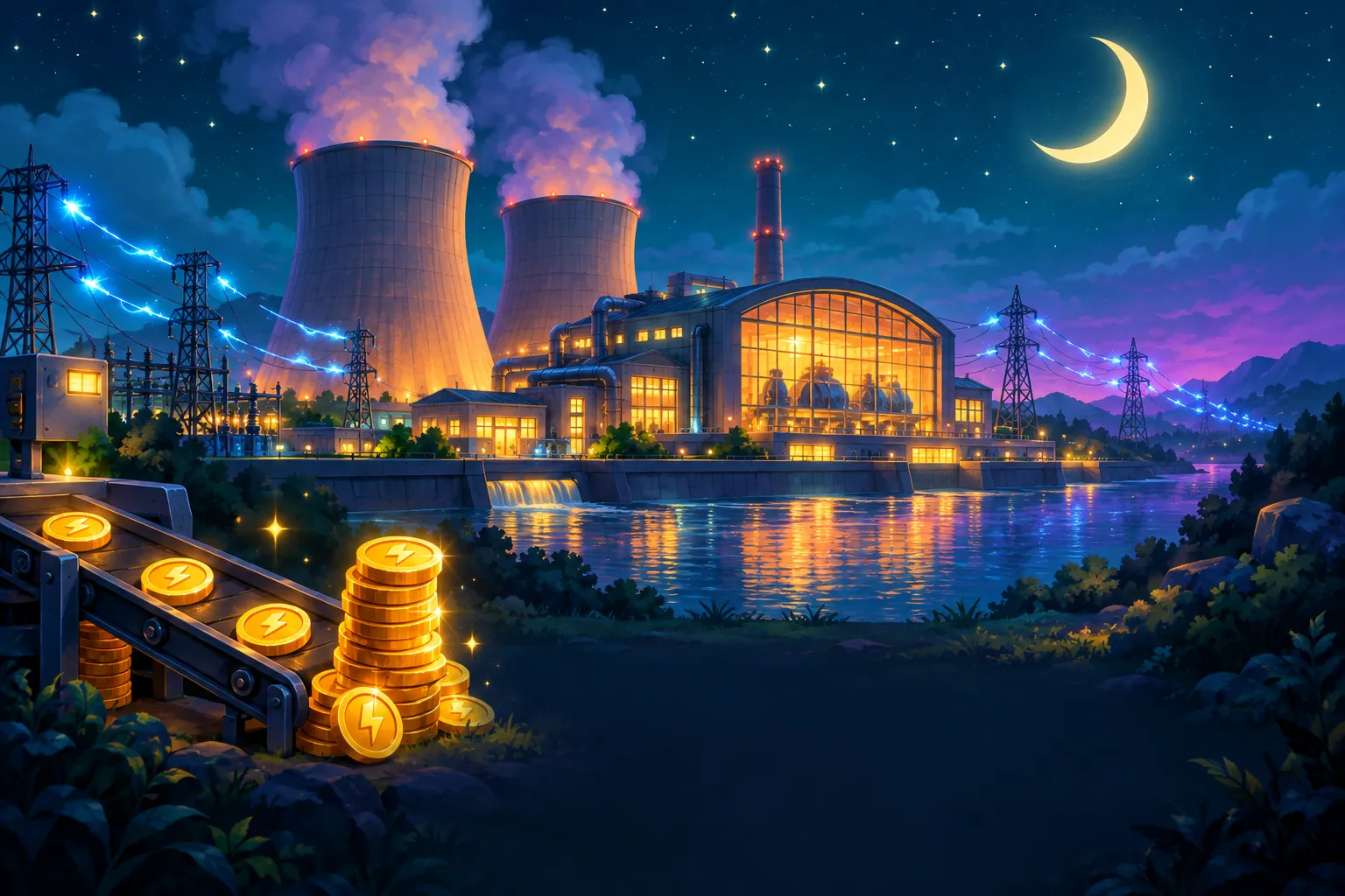 Power Plant Architect night shift scene under crescent moon with golden conveyors